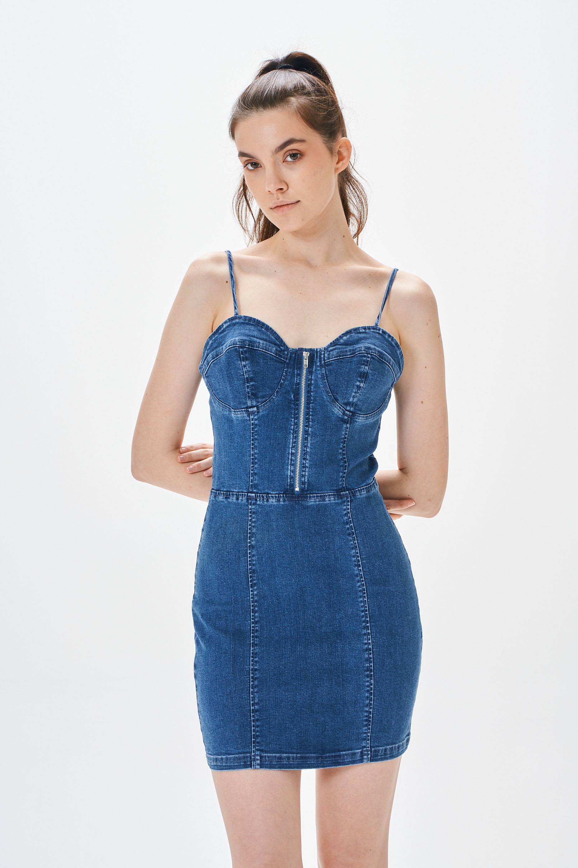 white christmas dresses Blue Denim Seam Detail Skater Dress main image 0