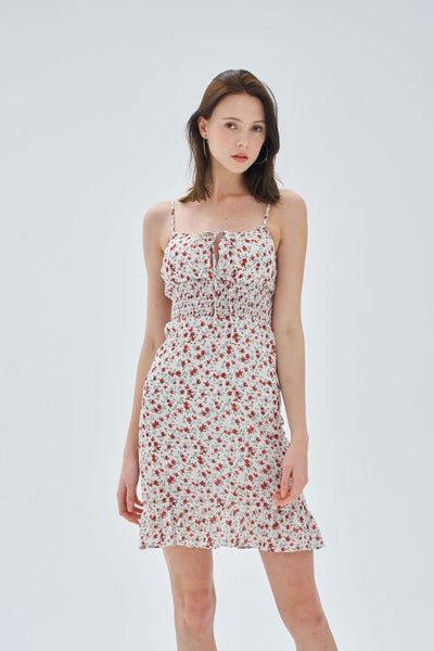 FLORAL TIE FRONT SHIRRED DRESS