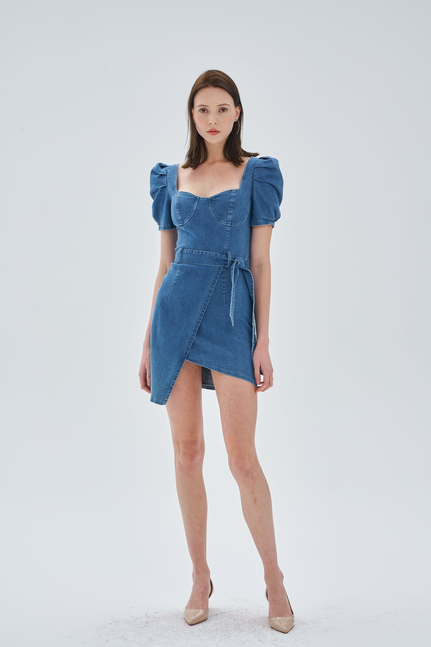 TIE BELT PUFFED SLEEVE DENIM DRESS | Trend Styles TIE BELT PUFFED SLEEVE DENIM DRESS | Trend Styles