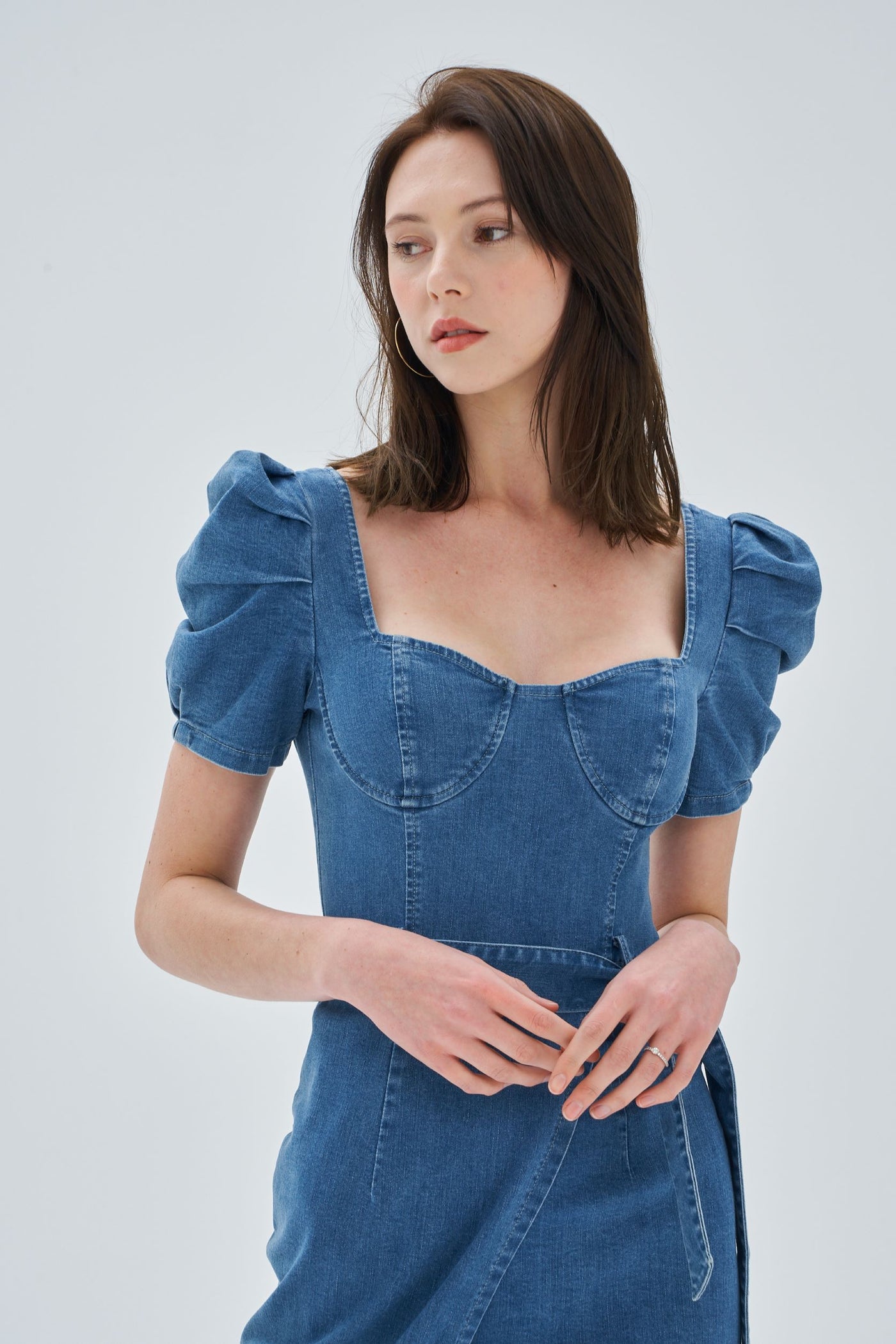 TIE BELT PUFFED SLEEVE DENIM DRESS | Trend Styles TIE BELT PUFFED SLEEVE DENIM DRESS | Trend Styles