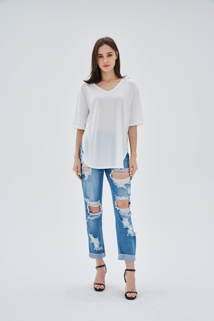RIPPED FRAYED STRAIGHT LEG JEANS
