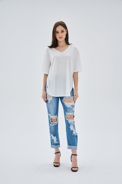 RIPPED FRAYED STRAIGHT LEG JEANS