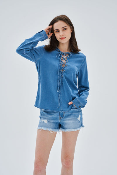 LACE UP BUTTON CUFF LONG SLEEVE DENIM TOP