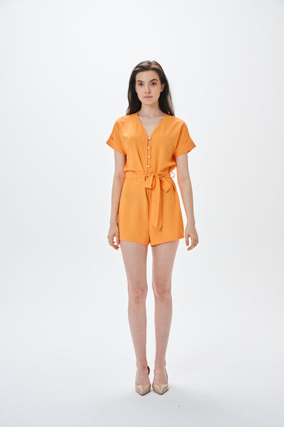 腰带式纽扣橙色连衣裙