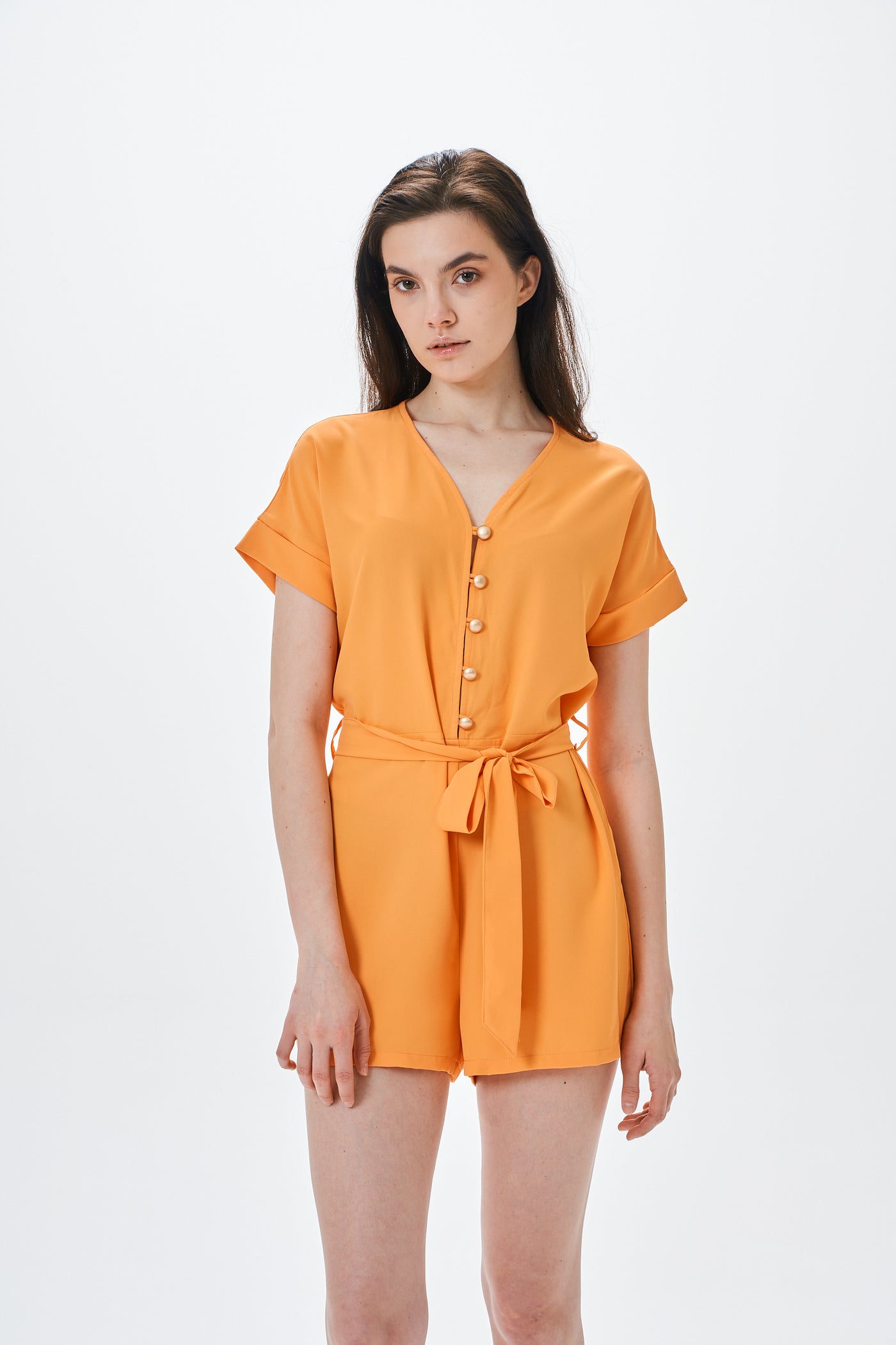 腰带式纽扣橙色连衣裙