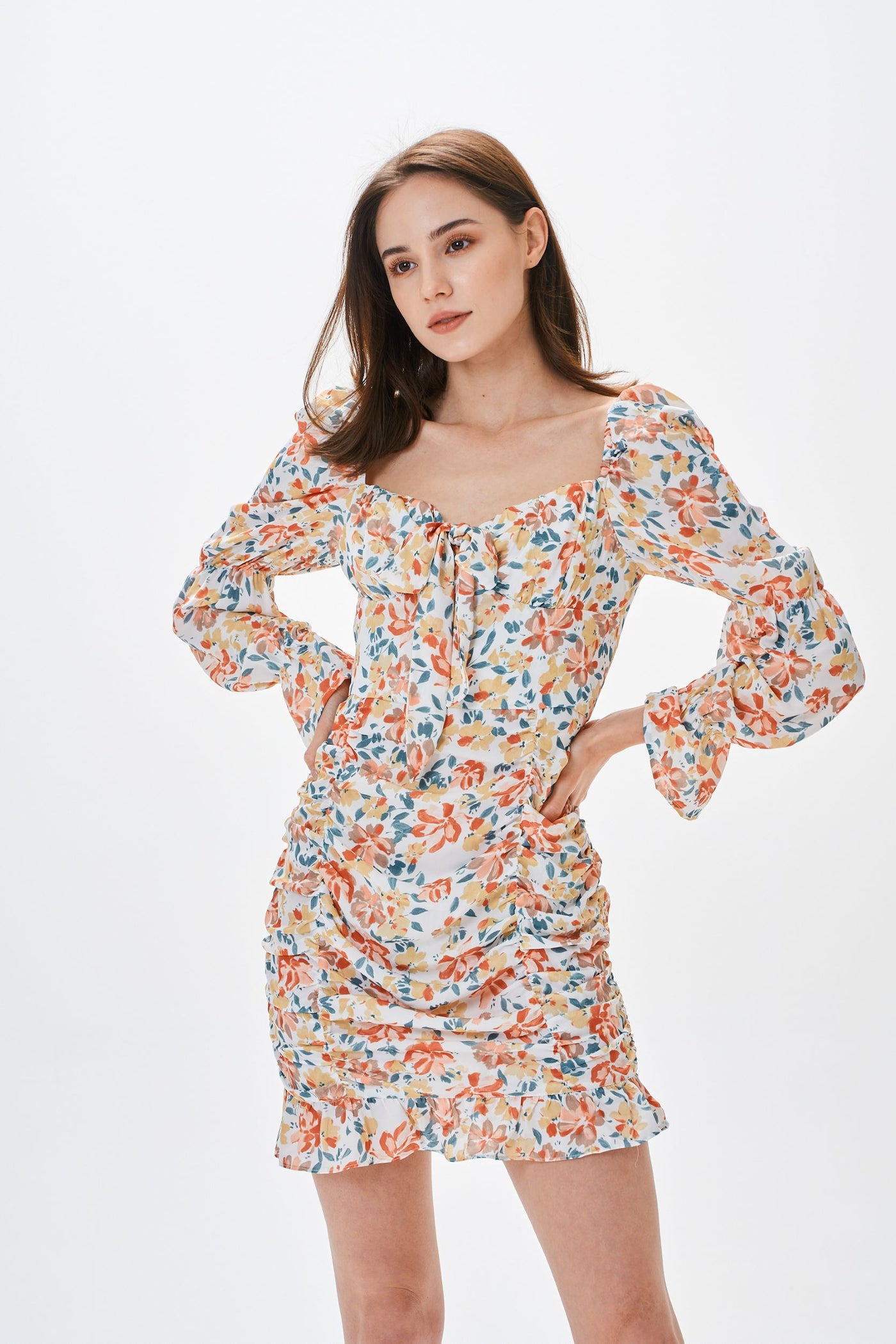 TIE FRONT PUFF SLEEVE DRESS