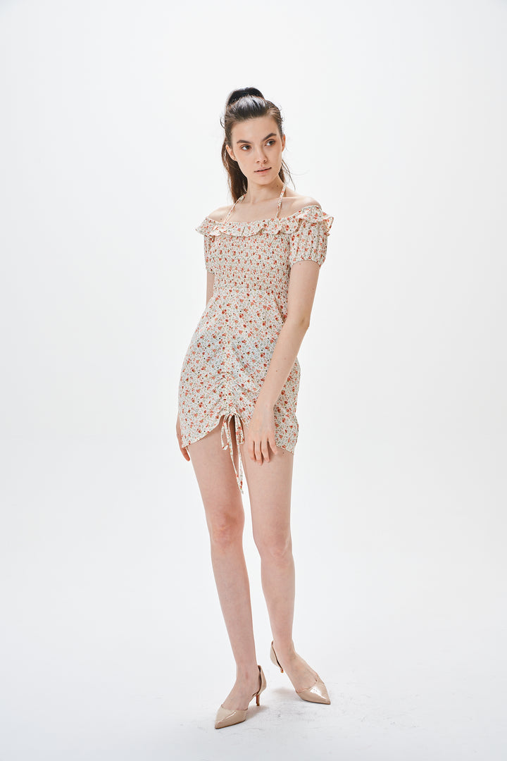 ◆LANGSON◆トゥ ストリングフローラルドレス◆ ルーシュドローストリングフローラルドレス | Trend Styles