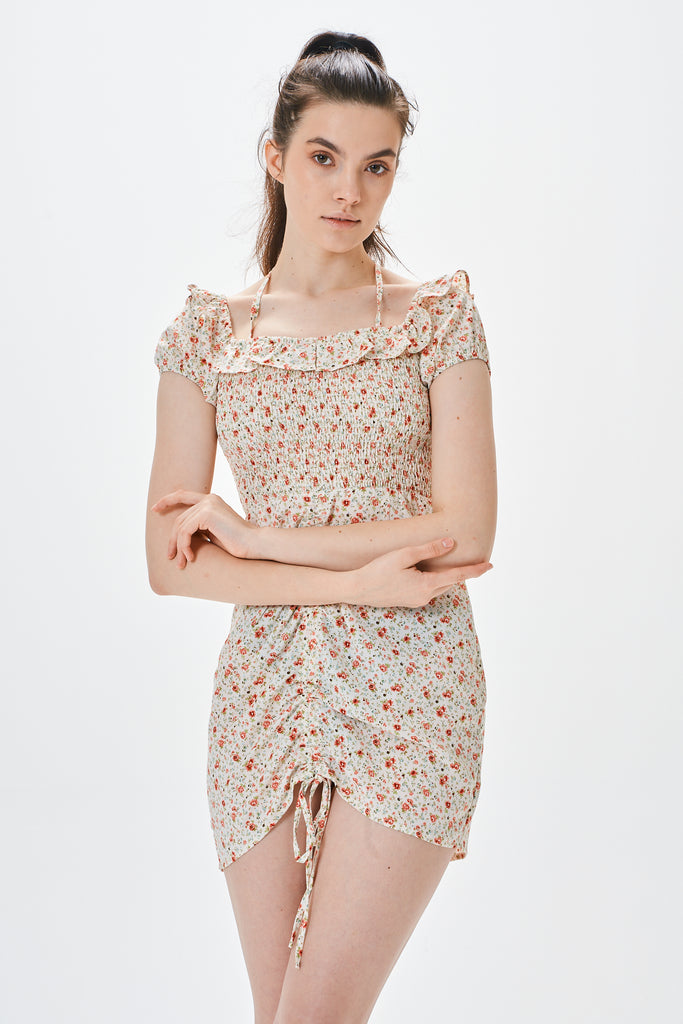 ◆LANGSON◆トゥ ストリングフローラルドレス◆ ルーシュドローストリングフローラルドレス | Trend Styles