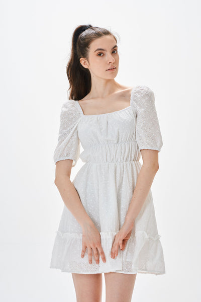 EYELET EMBROIDERY DETAIL FRILL TRIM DRESS