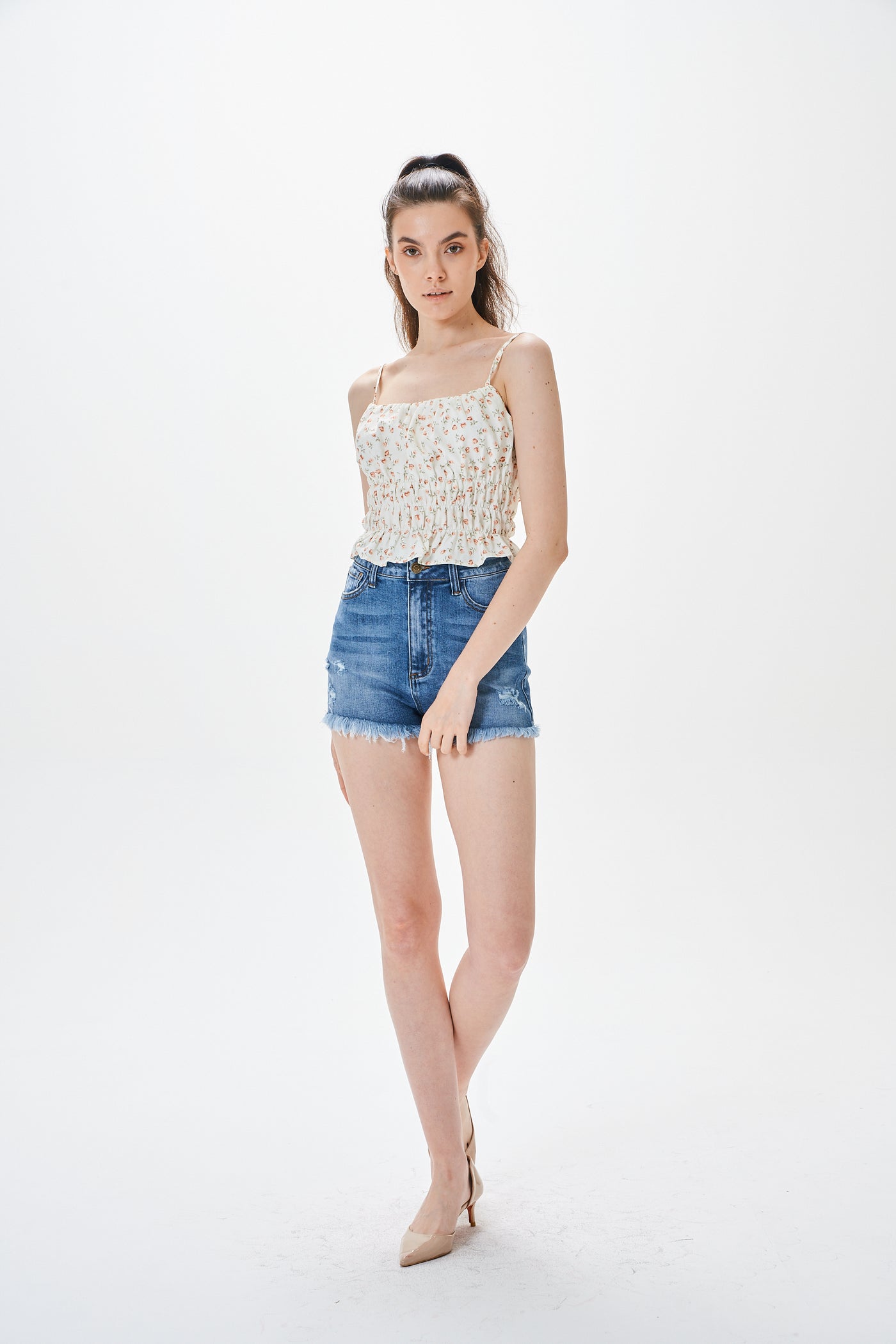 SHIRRED RUCHED FLORAL TOP
