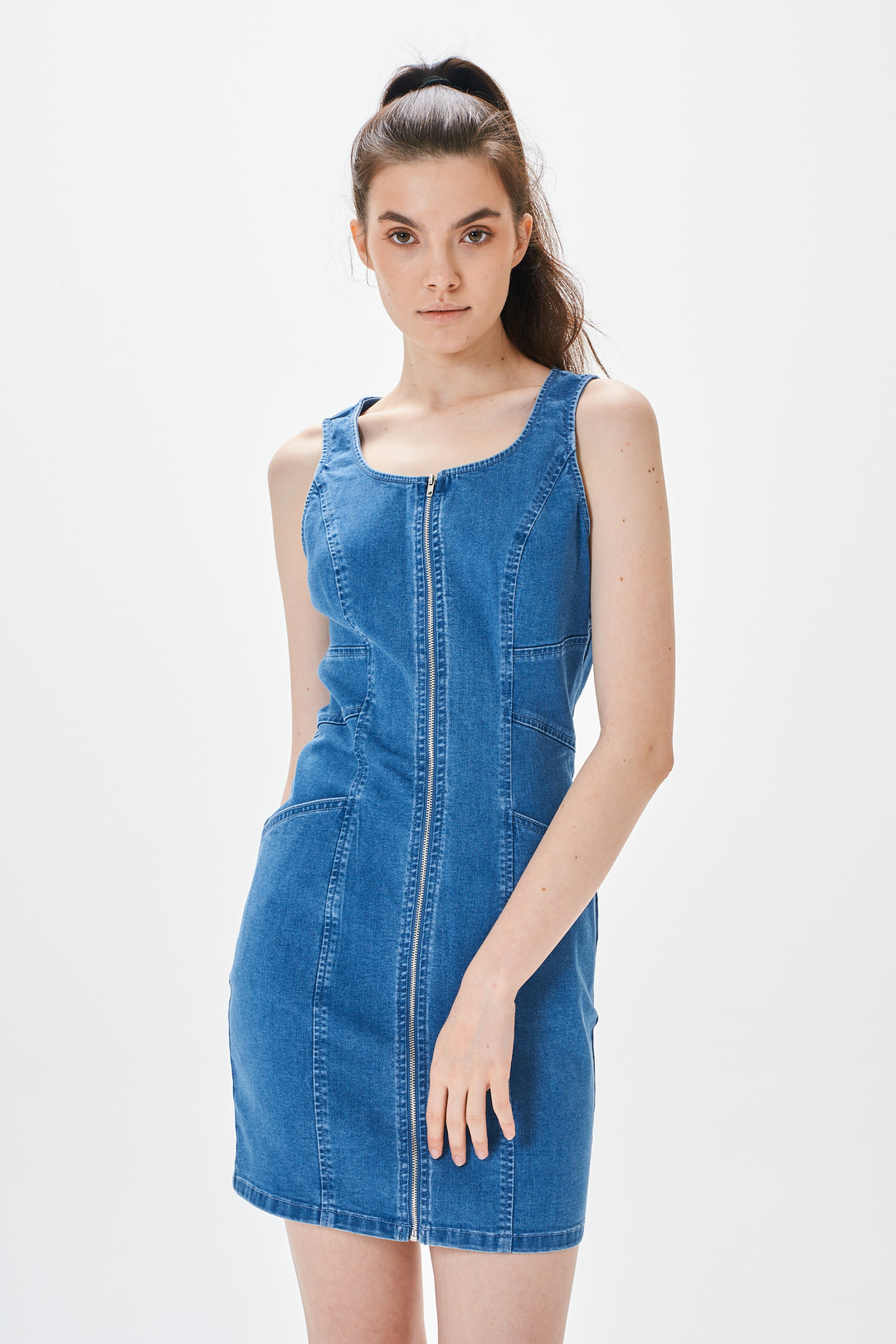 ZIPPER FRONT DENIM DRESS