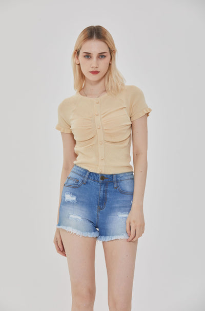 BUTTON-UP FRONT RUCHED BEIGE TOP