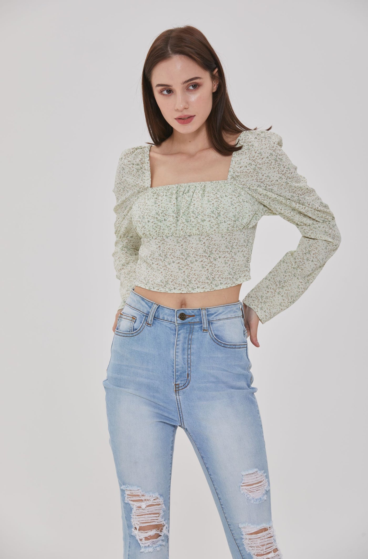 SQUARE NECK PUFF DITSY TOP