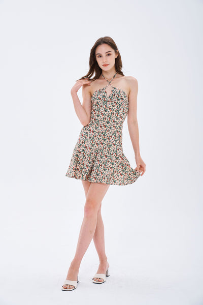 CROSS FRONT DITSY HALTER DRESS