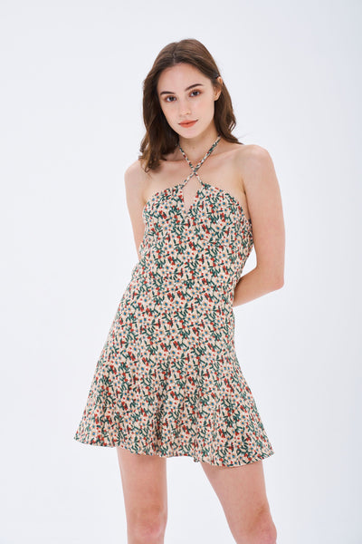 CROSS FRONT DITSY HALTER DRESS