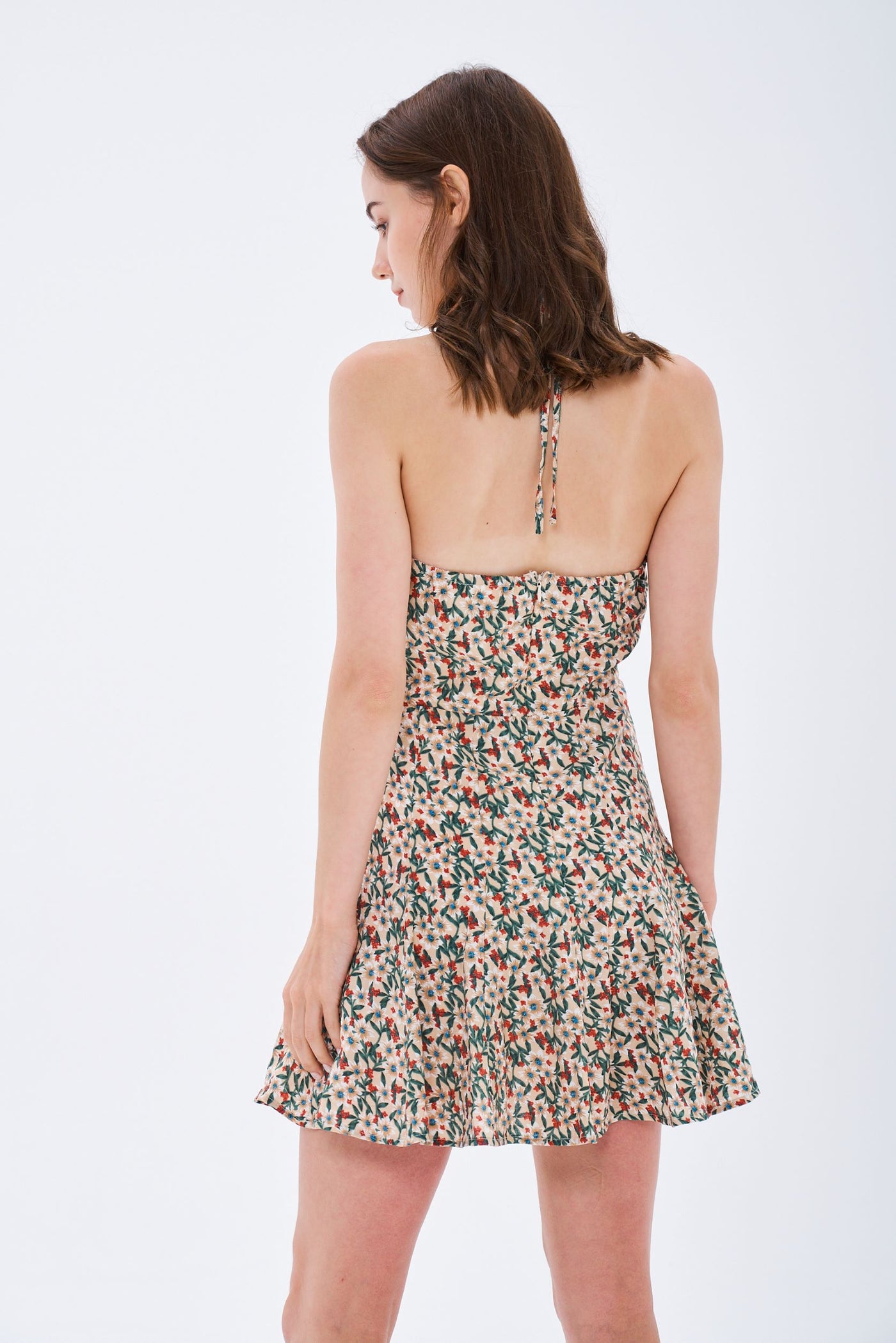 CROSS FRONT DITSY HALTER DRESS